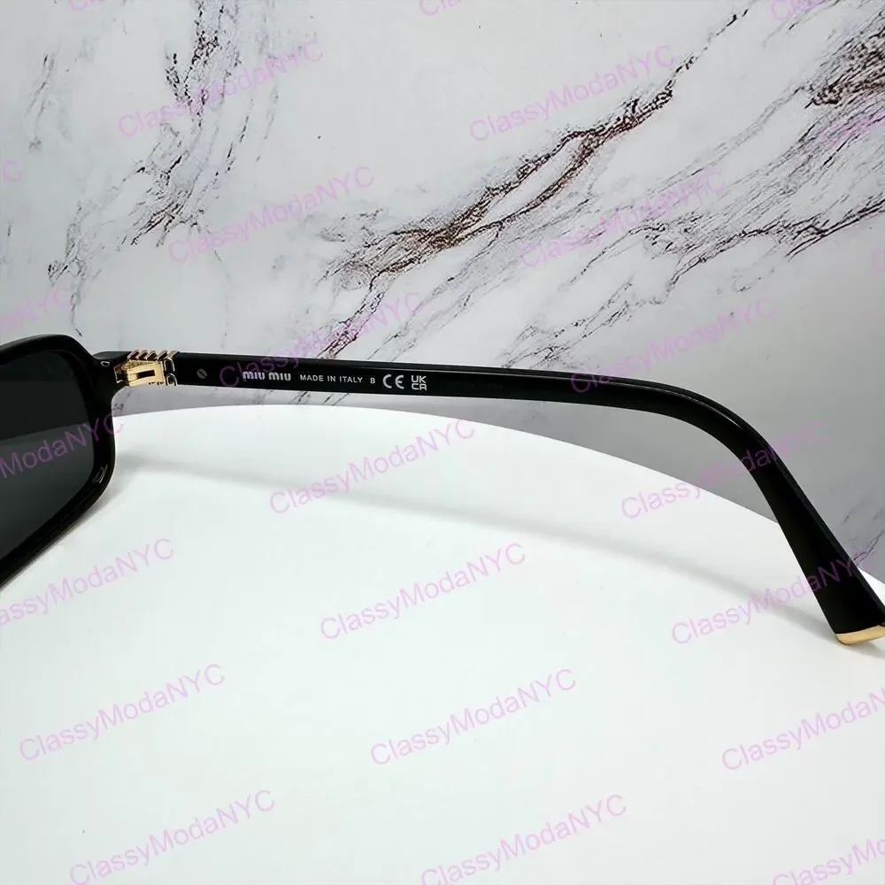 New MIU MIU Sunglasses Black Square Rectangle Acetate Gold Metal Logo Authentic